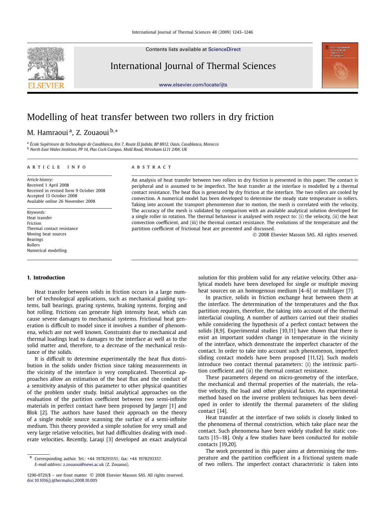 Modelling of heat transfer between two rollers in dry friction by M. Hamraoui; Z. Zouaoui
