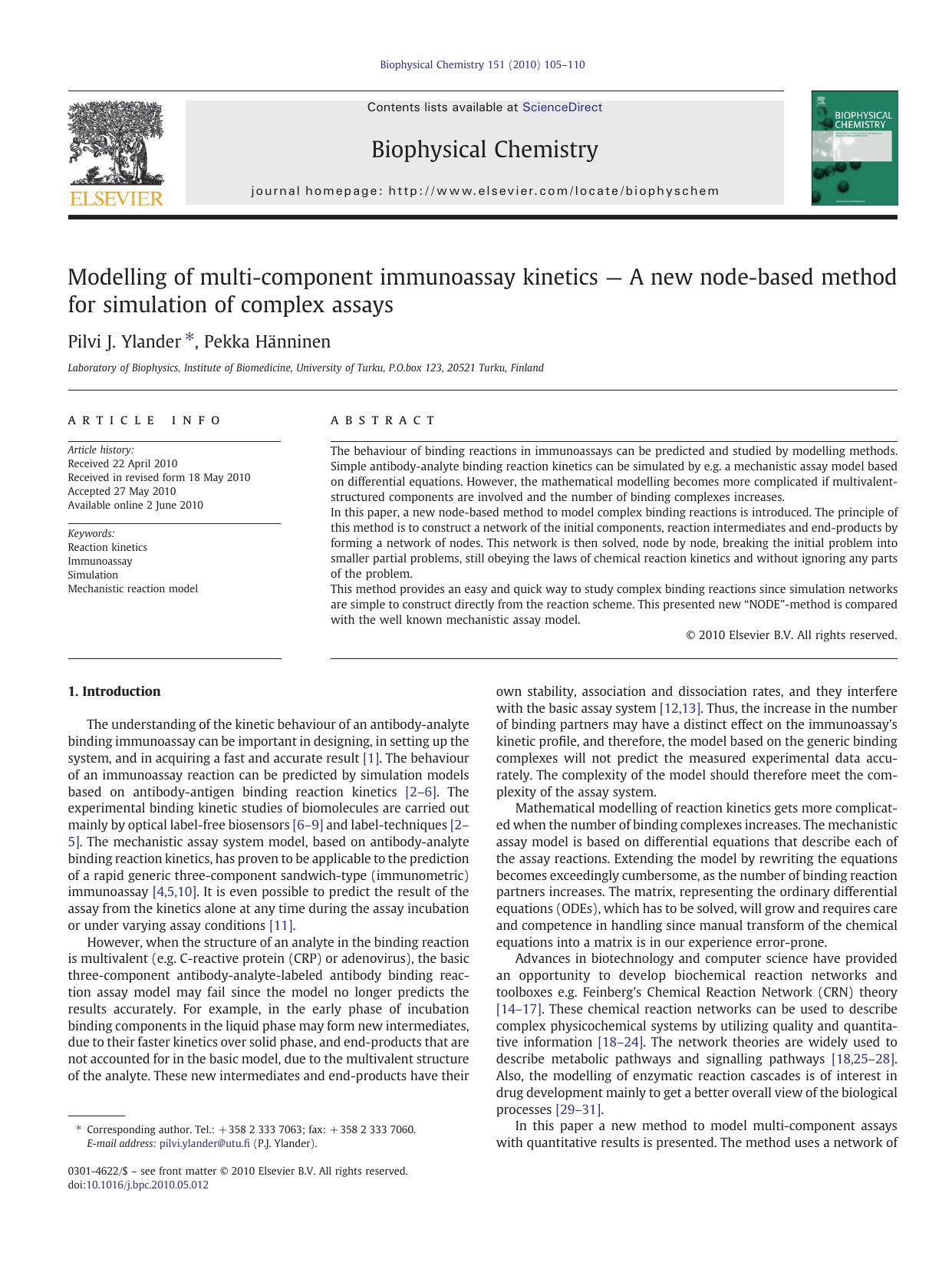 Modelling of multi-component immunoassay kinetics â A new node-based method for simulation of complex assays by Pilvi J. Ylander & Pekka Hänninen