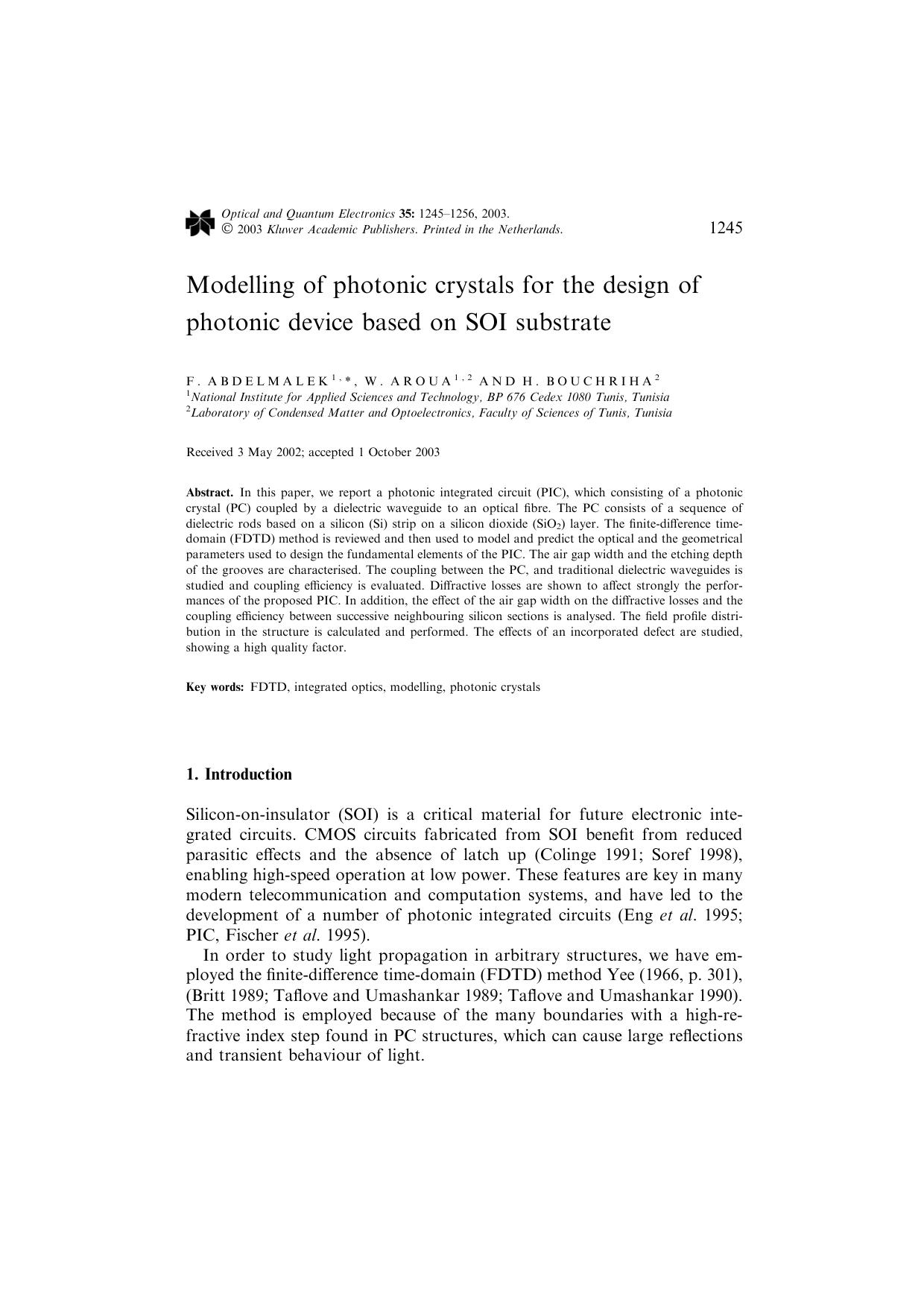Modelling of photonic crystals for the design of photonic device based on SOI substrate by Unknown
