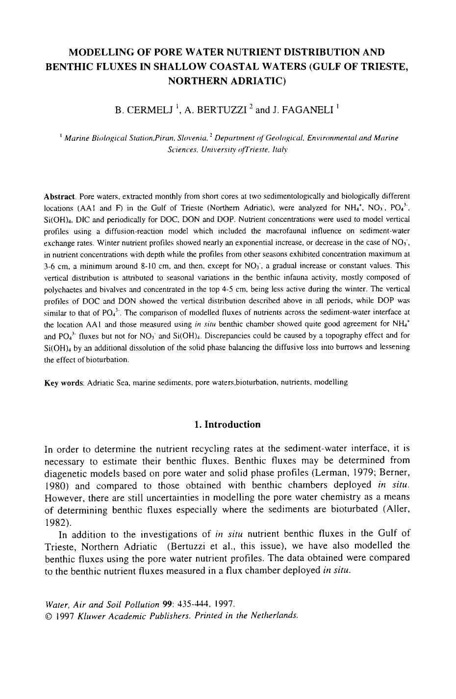 Modelling of pore water nutrient distribution and benthic fluxes in shallow coastal waters (Gulf of Trieste, Northern Adriatic) by Unknown