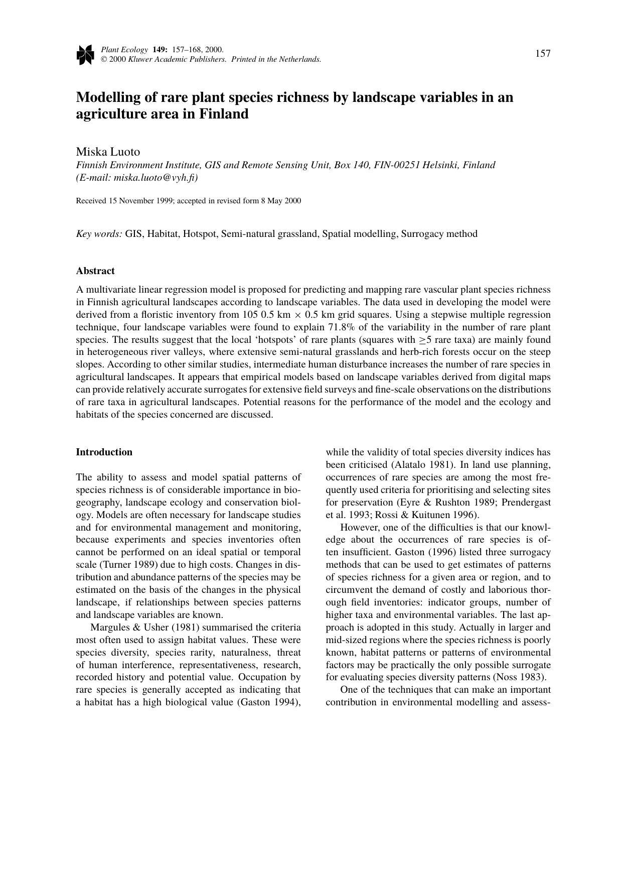 Modelling of rare plant species richness by landscape variables in an agriculture area in Finland by Unknown