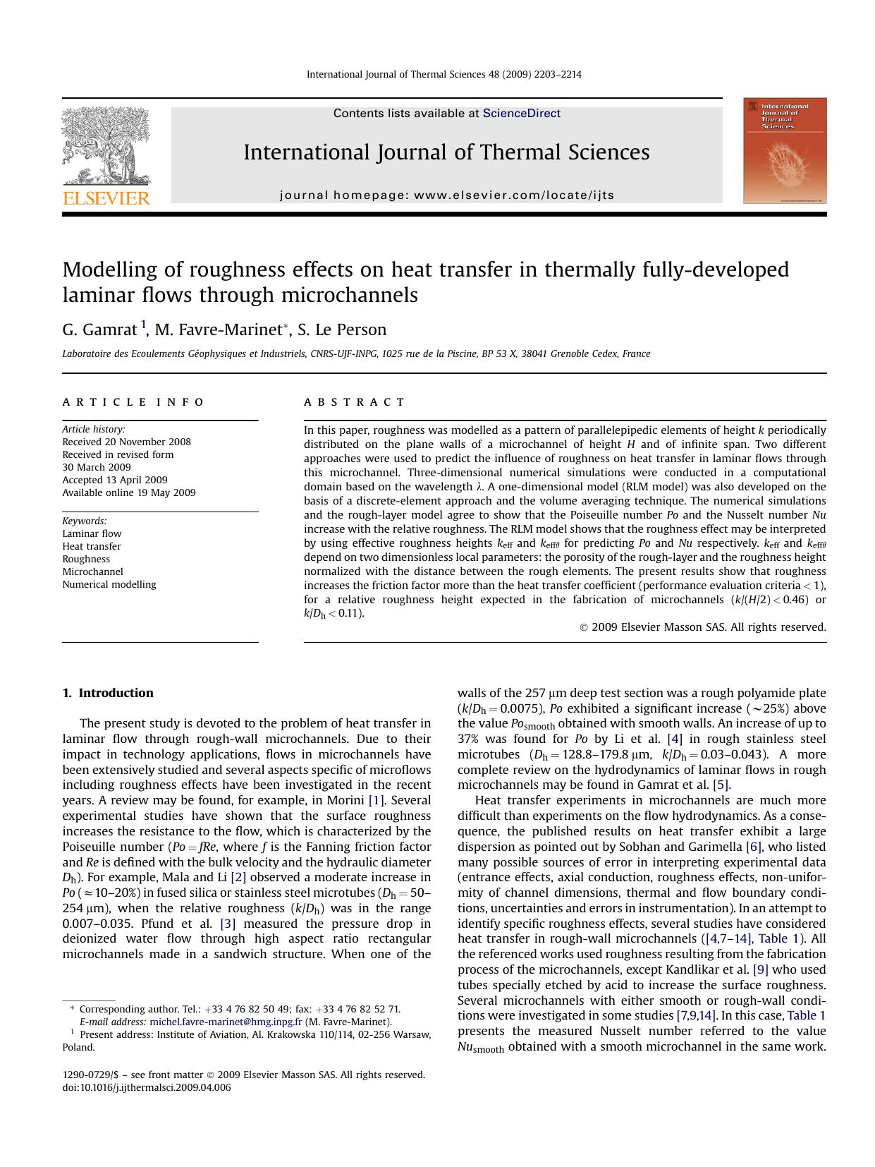 Modelling of roughness effects on heat transfer in thermally fully-developed laminar flows through microchannels by G. Gamrat; M. Favre-Marinet; S. Le Person