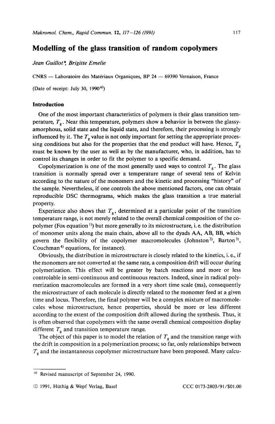 Modelling of the glass transition of random copolymers by Unknown