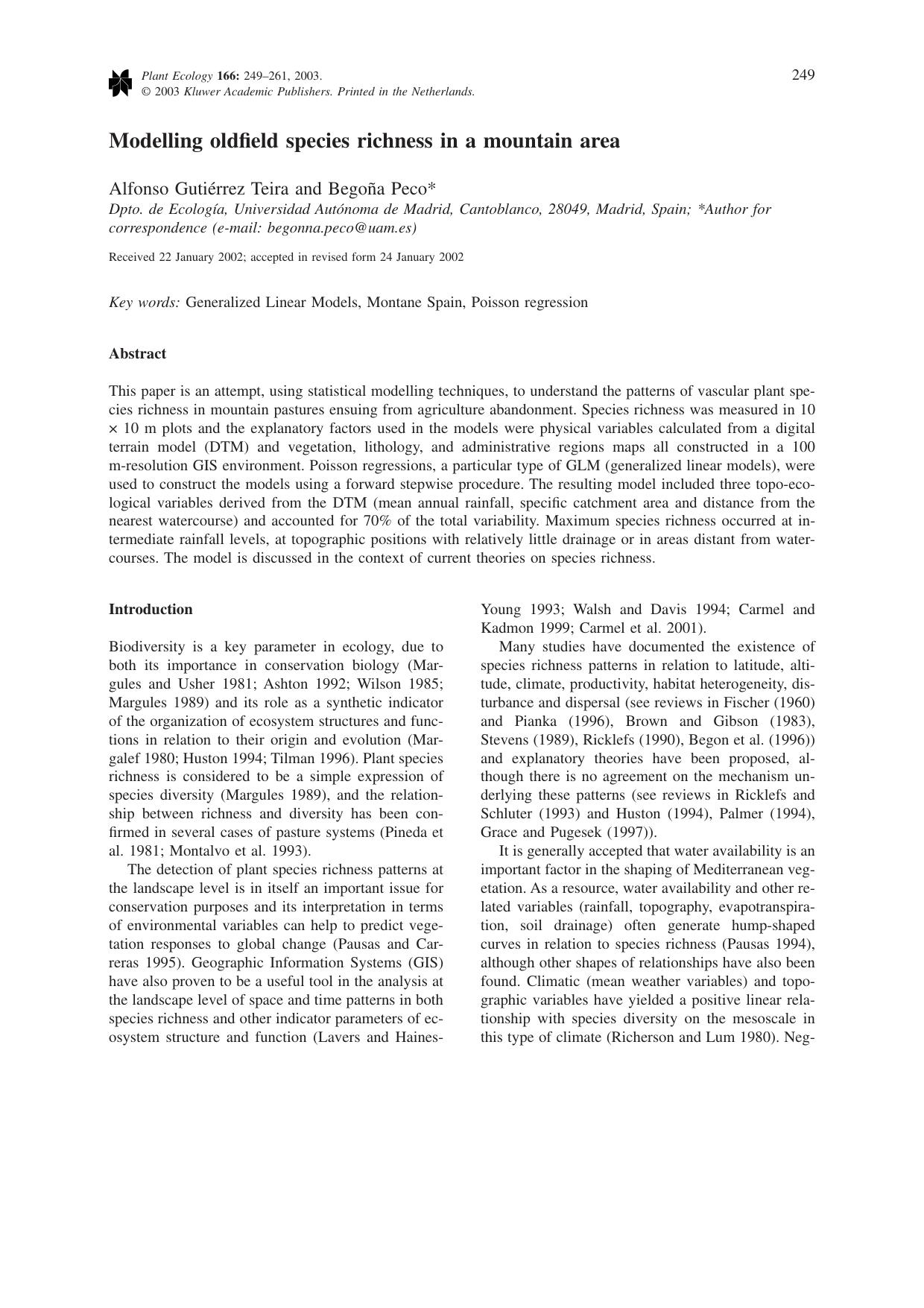 Modelling oldfield species richness in a mountain area by Unknown