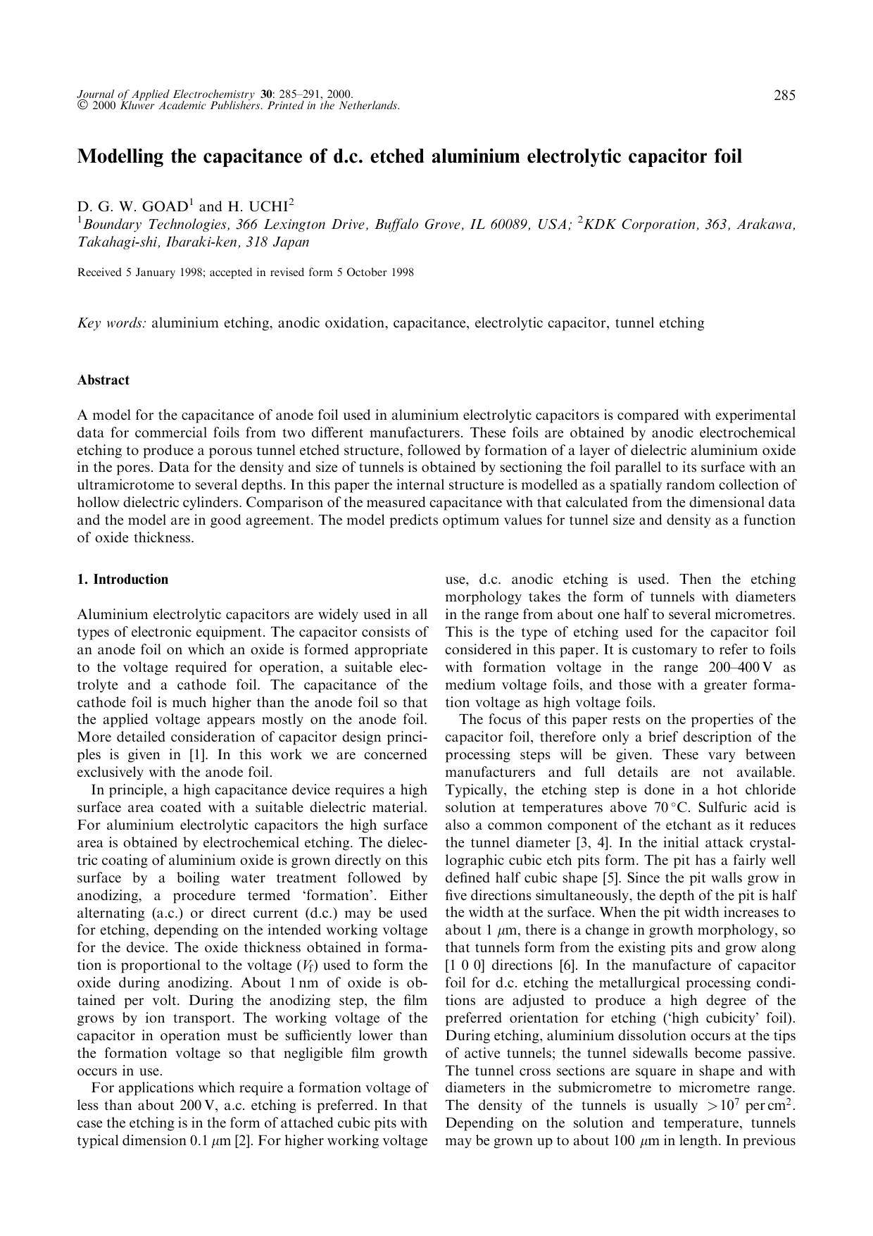 Modelling the capacitance of d.c. etched aluminium electrolytic capacitor foil by Unknown