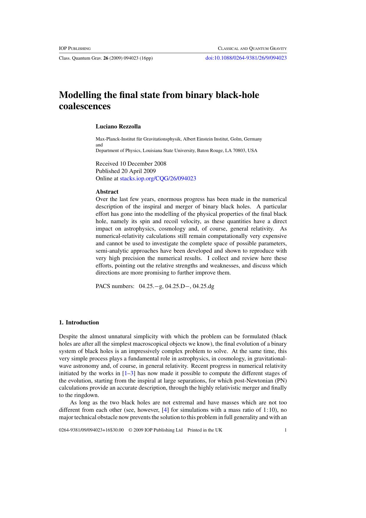Modelling the final state from binary black-hole coalescences by L Rezzolla