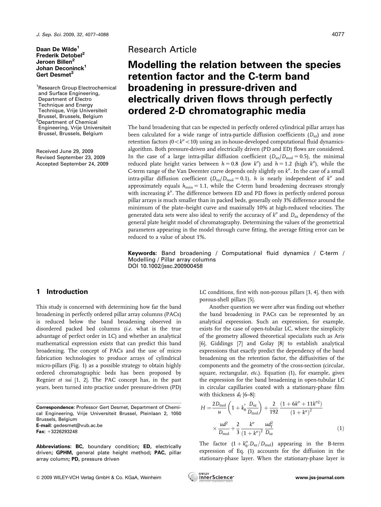 Modelling the relation between the species retention factor and the C-term band broadening in pressure-driven and electrically driven flows through perfectly ordered 2-D chromatographic media by Unknown