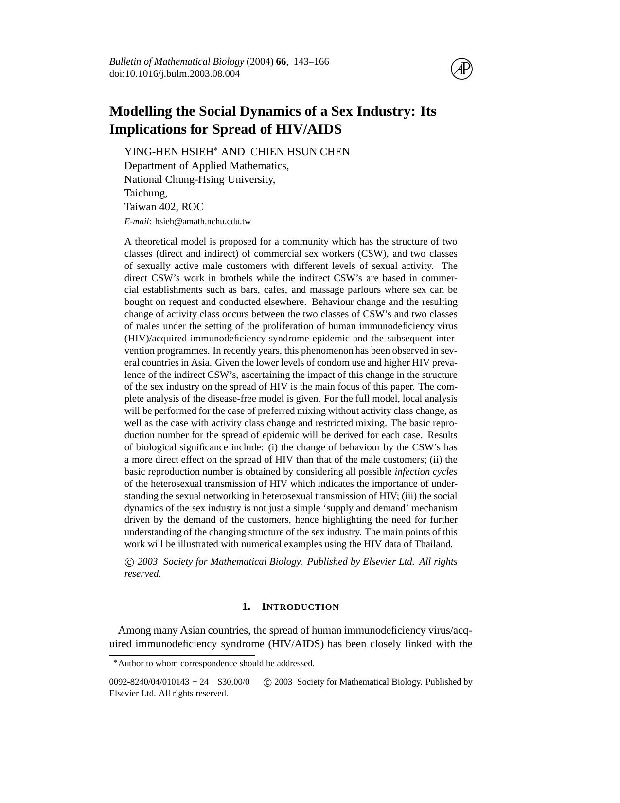 Modelling the social dynamics of a sex industry: Its implications for spread of HIVAIDS by Unknown