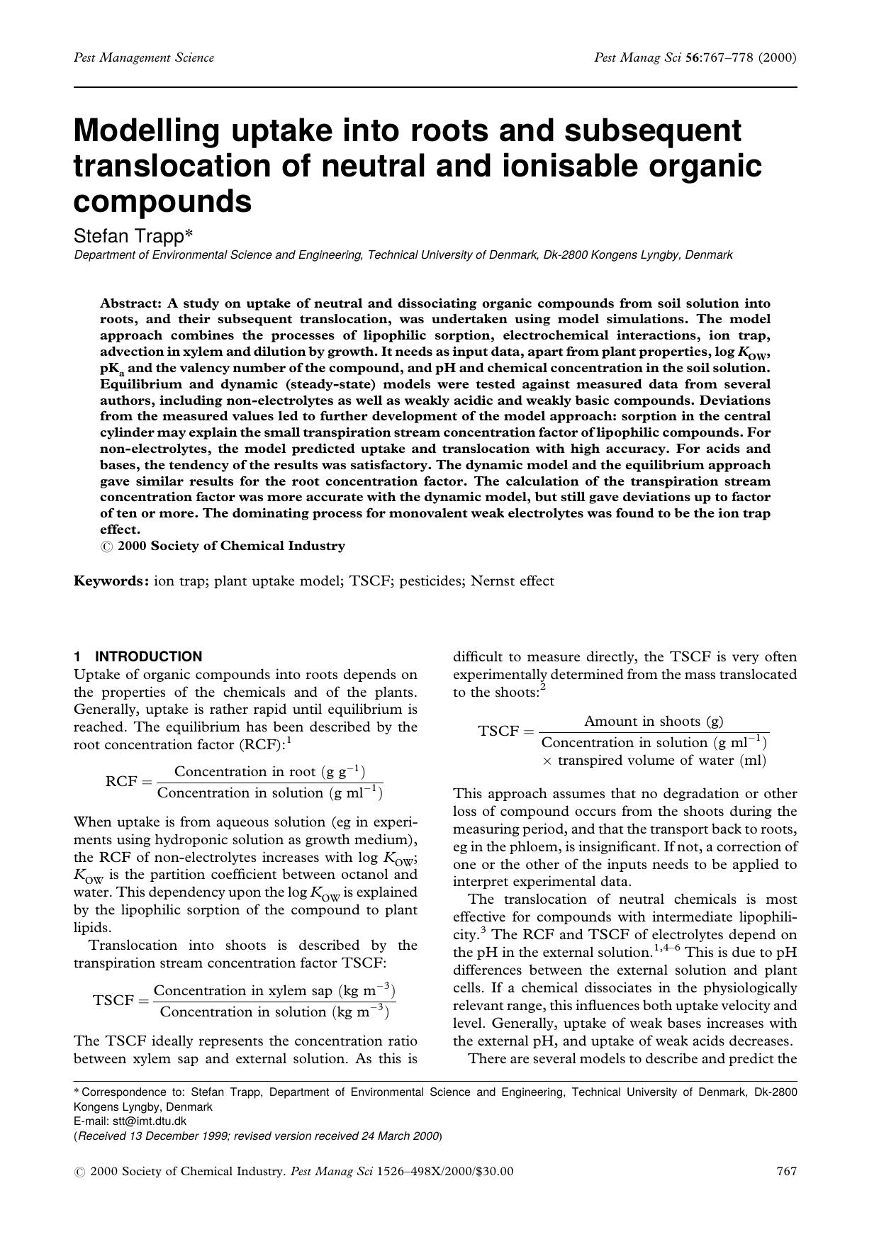 Modelling uptake into roots and subsequent translocation of neutral and ionisable organic compounds by Unknown