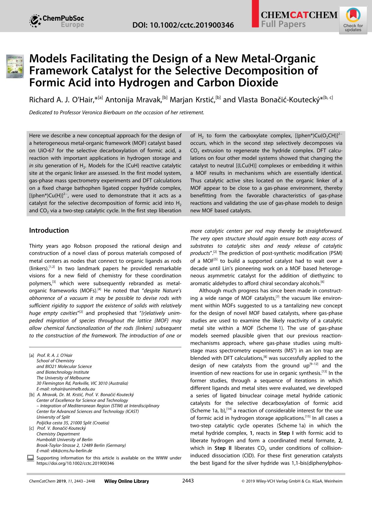 Models Facilitating the Design of a New MetalâOrganic Framework Catalyst for the Selective Decomposition of Formic Acid into Hydrogen and Carbon Dioxide by Unknown