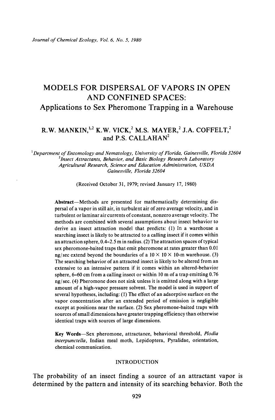 Models for dispersal of vapors in open and confined spaces: Applications to sex pheromone trapping in a warehouse by Unknown
