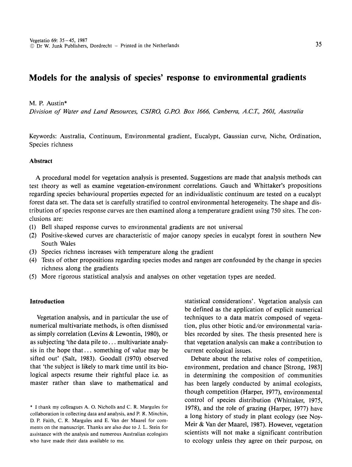 Models for the analysis of species' response to environmental gradients by Unknown