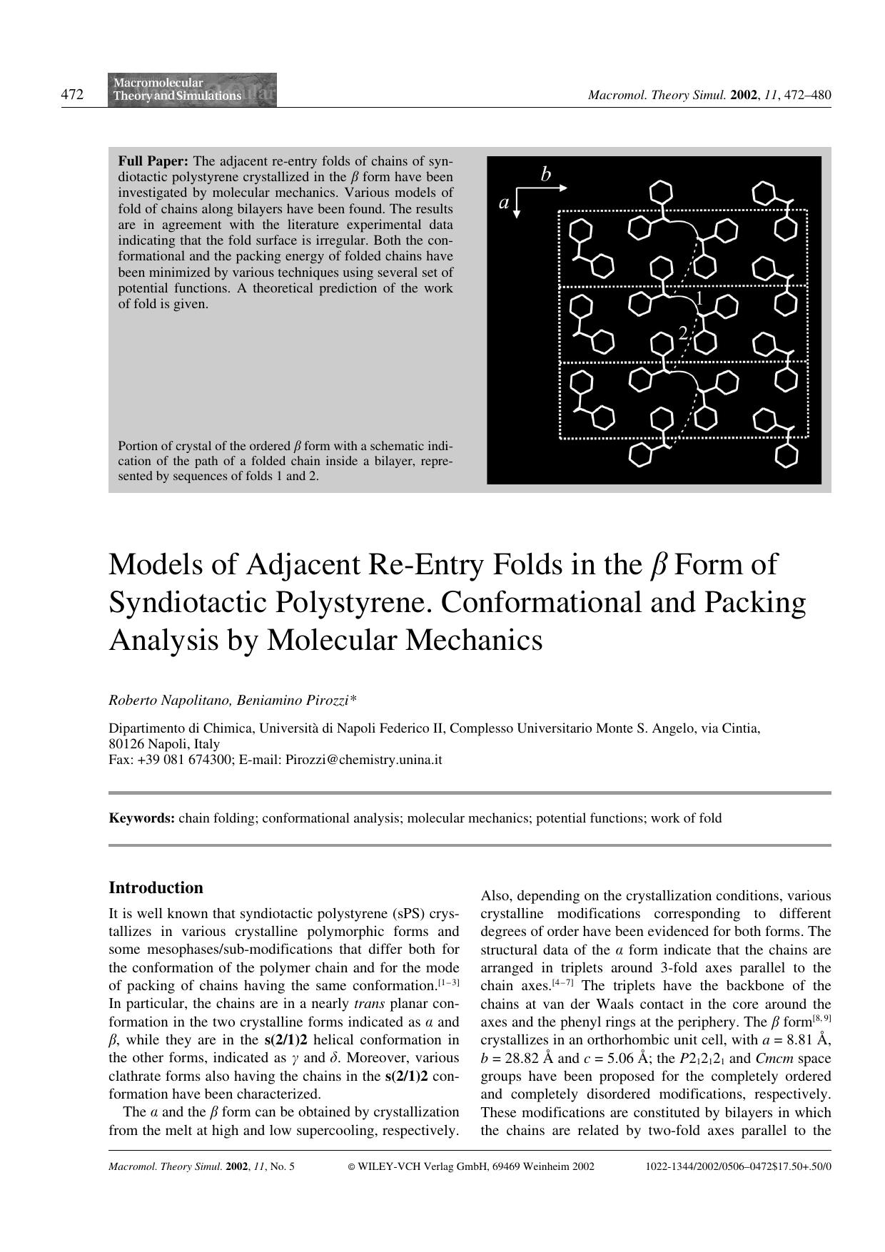 Models of Adjacent Re-Entry Folds in the [beta] Form of Syndiotactic Polystyrene. Conformational and Packing Analysis by Molecular Mechanics by Unknown