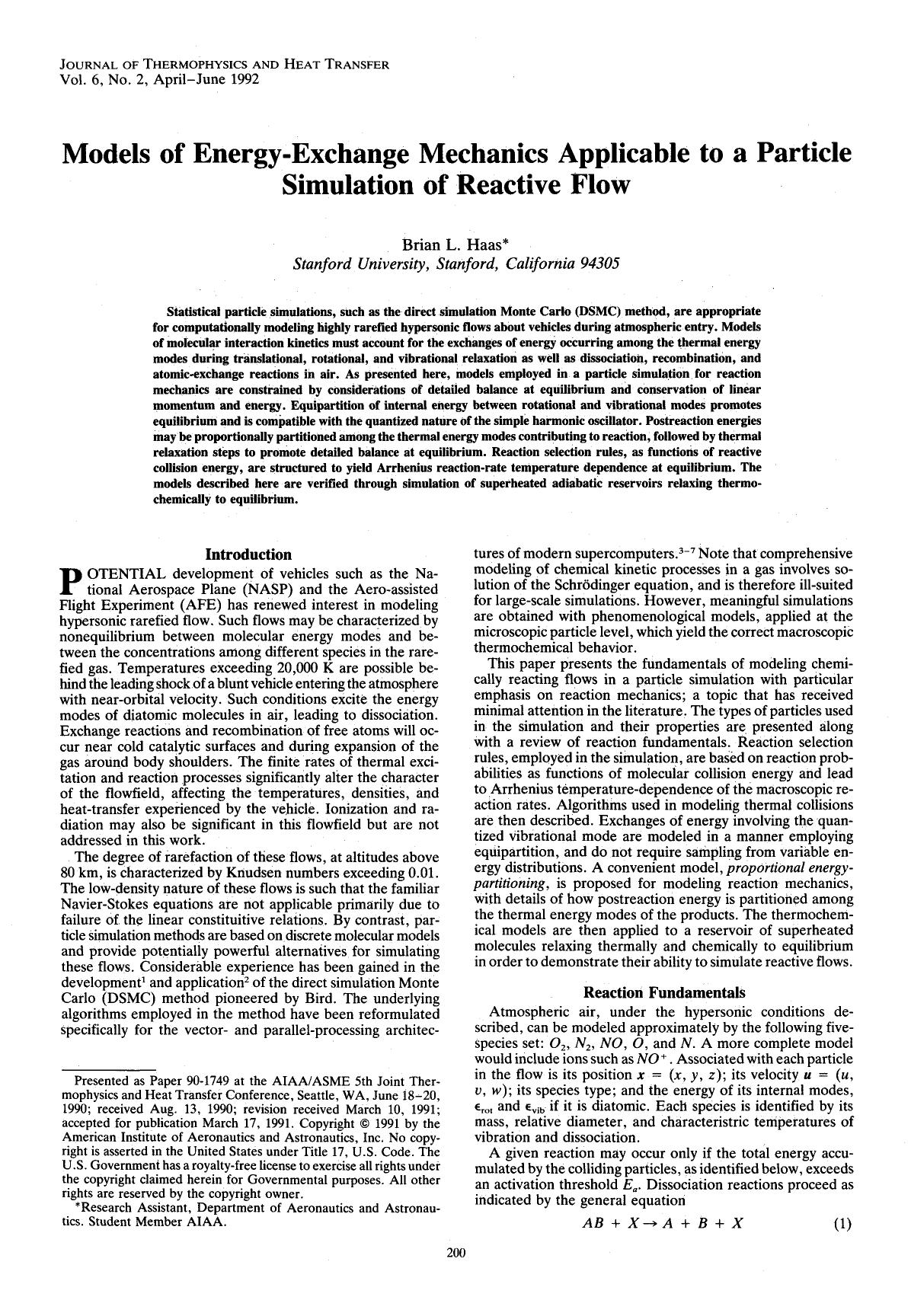 Models of energy-exchange mechanics applicable to a particle simulation of reactive flow by Unknown