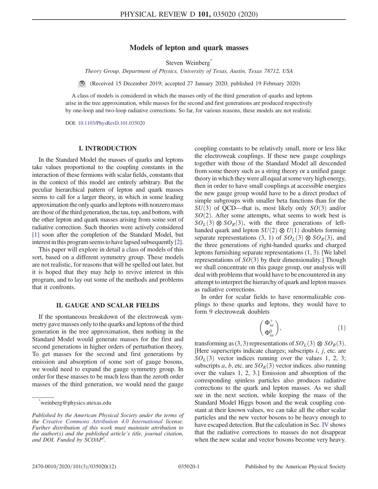 Models of lepton and quark masses by Steven Weinberg