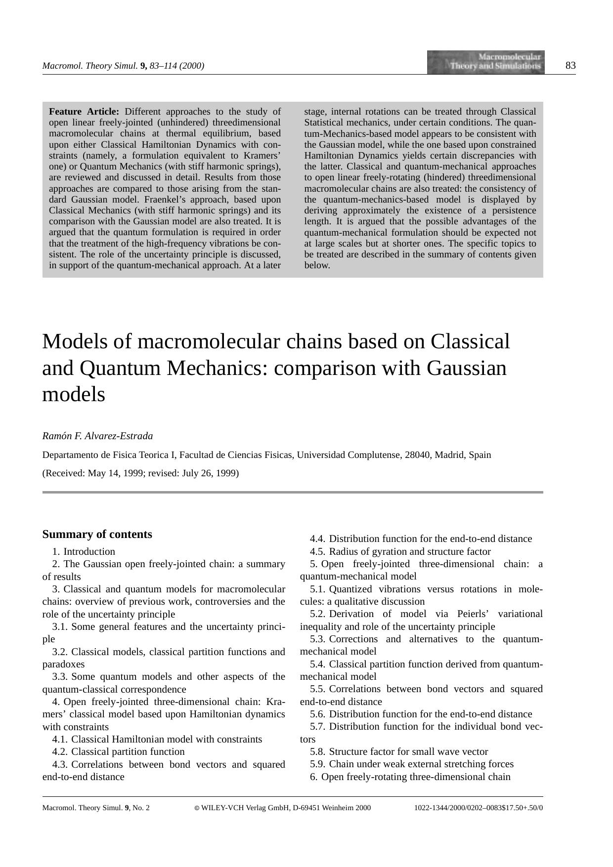 Models of macromolecular chains based on Classical and Quantum Mechanics: comparison with Gaussian models by Unknown