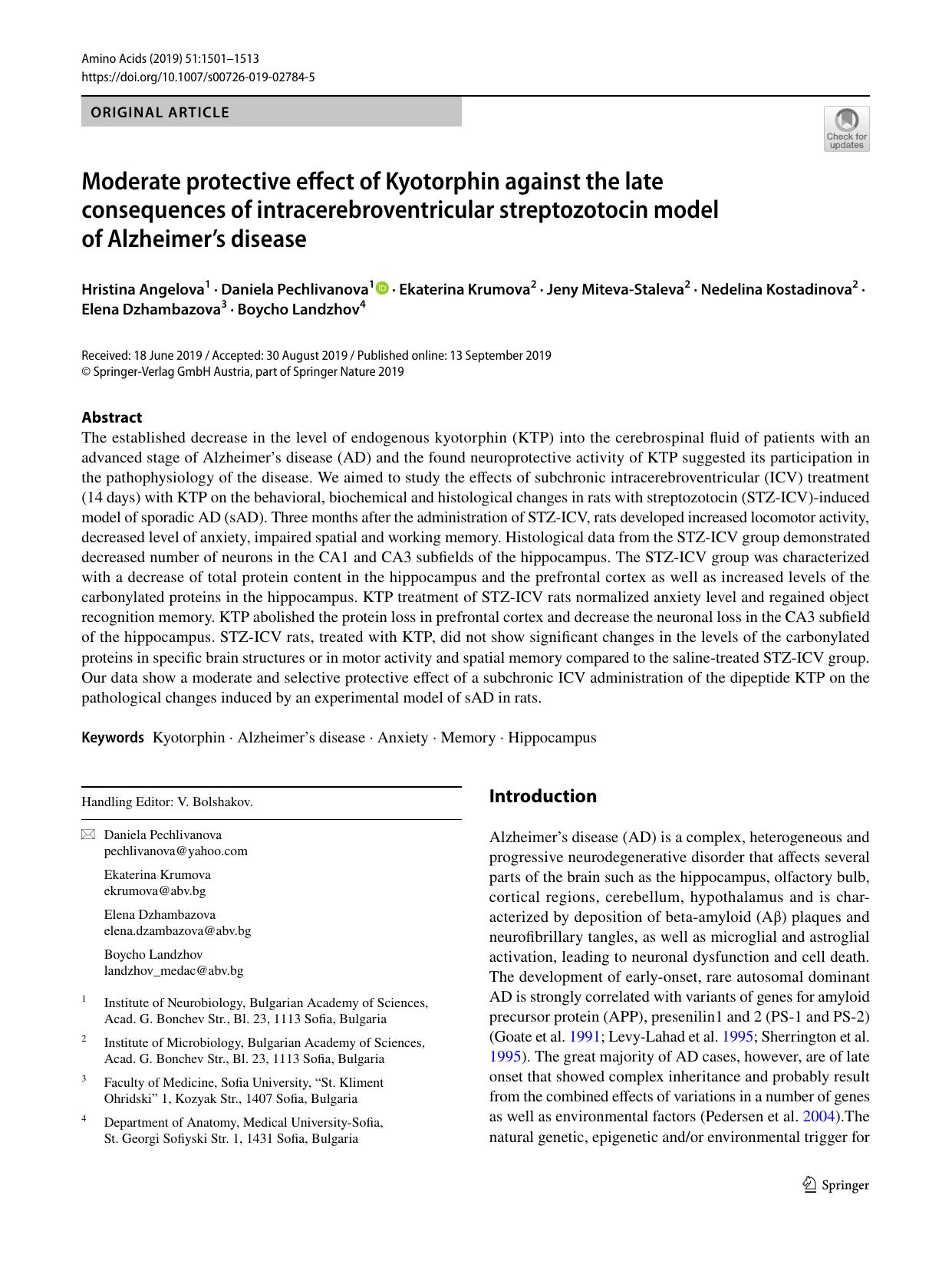 Moderate protective effect of Kyotorphin against the late consequences of intracerebroventricular streptozotocin model of Alzheimerâs disease by unknow