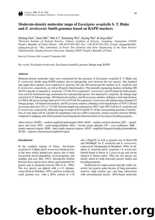 Moderate-Density Molecular Maps of <Emphasis Type="Italic">Eucalyptus Urophylla<Emphasis> S. T. Blake and <Emphasis Type="Italic">E. Tereticornis<Emphasis> Smith Genomes Based on RAPD Markers by Unknown