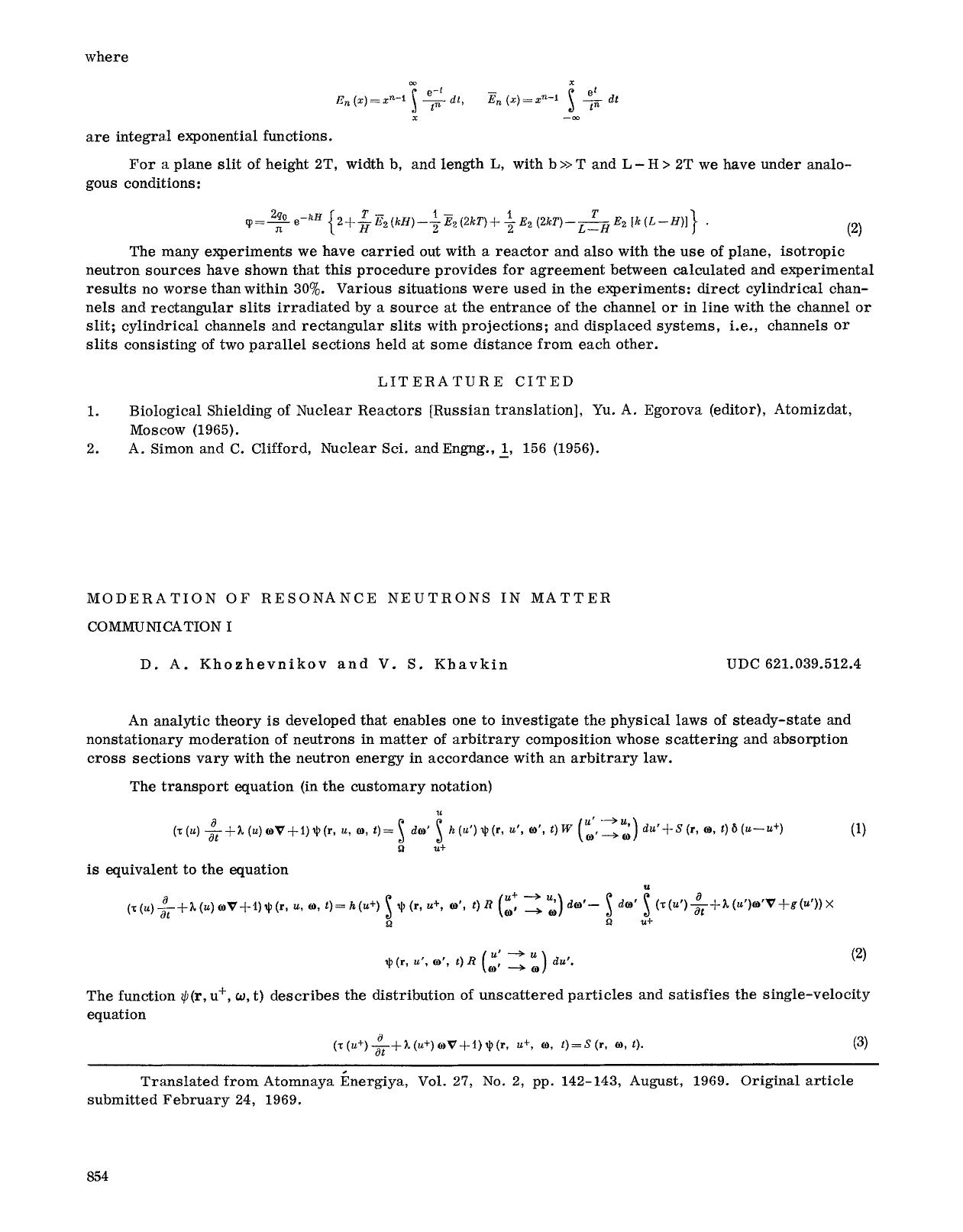 Moderation of resonance neutrons in matter communication I by Unknown