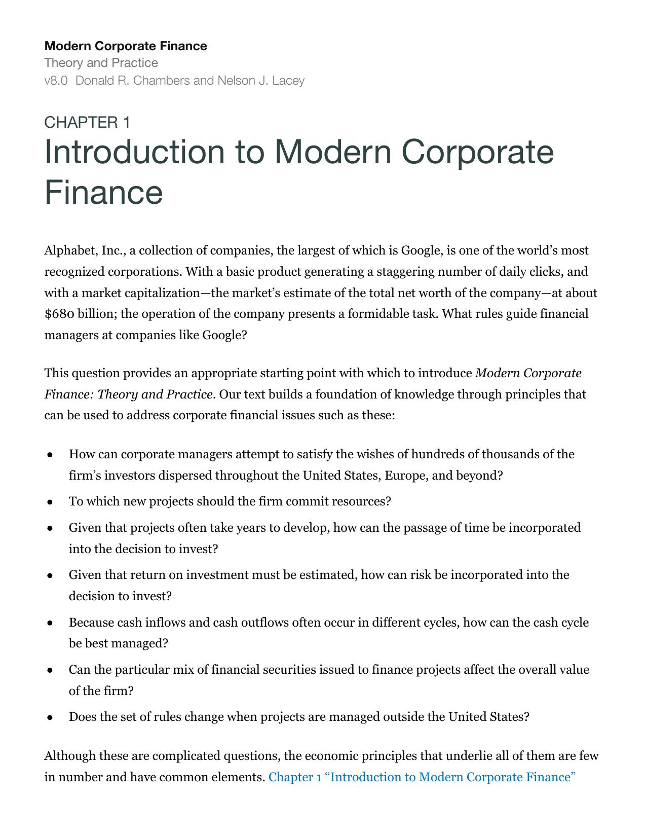 Modern Corporate Finance: Theory and Practice by Donald R. Chambers Nelson J. Lacey