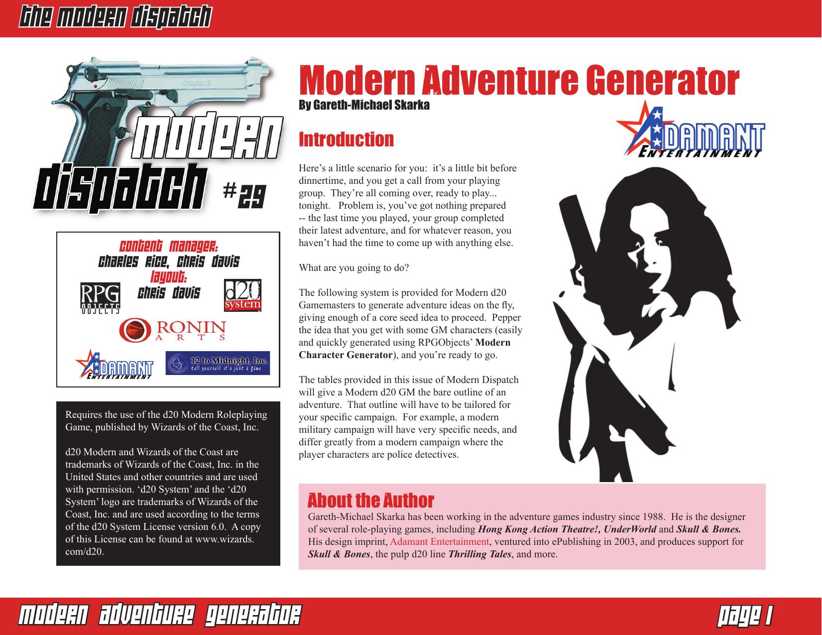 Modern Dispatch 29: Modern Adventure Generator by Adamant Entertainment