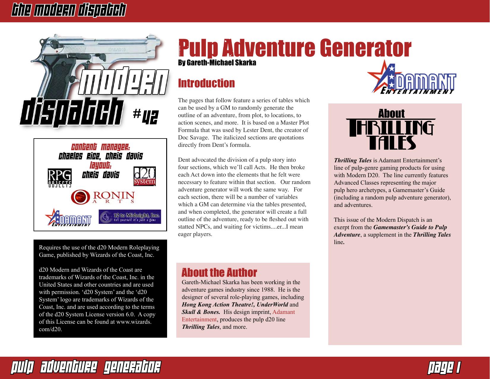 Modern Dispatch 42: Pulp Adventure Generator by Adamant Entertainment