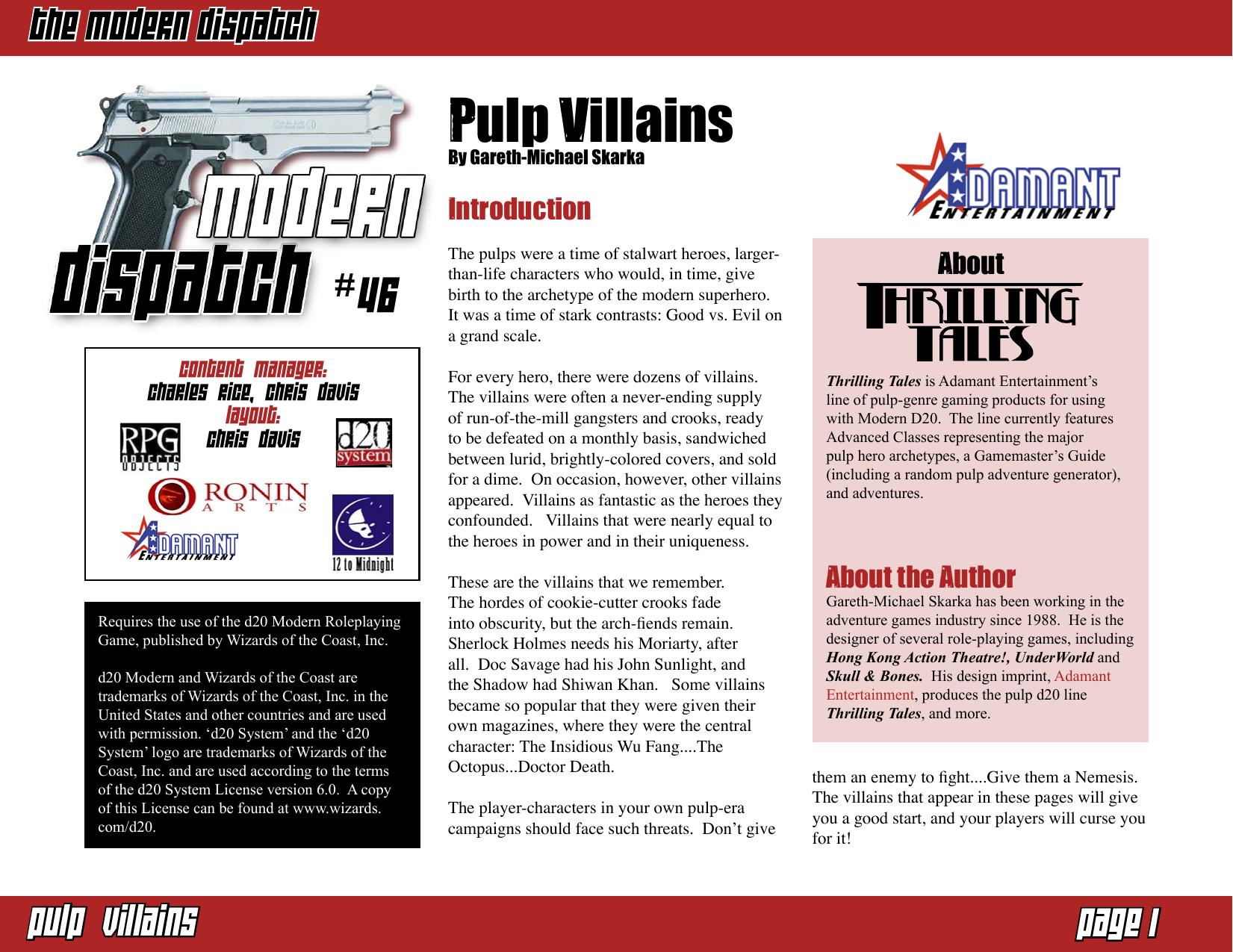 Modern Dispatch 46: Pulp Villains by Adamant Entertainment