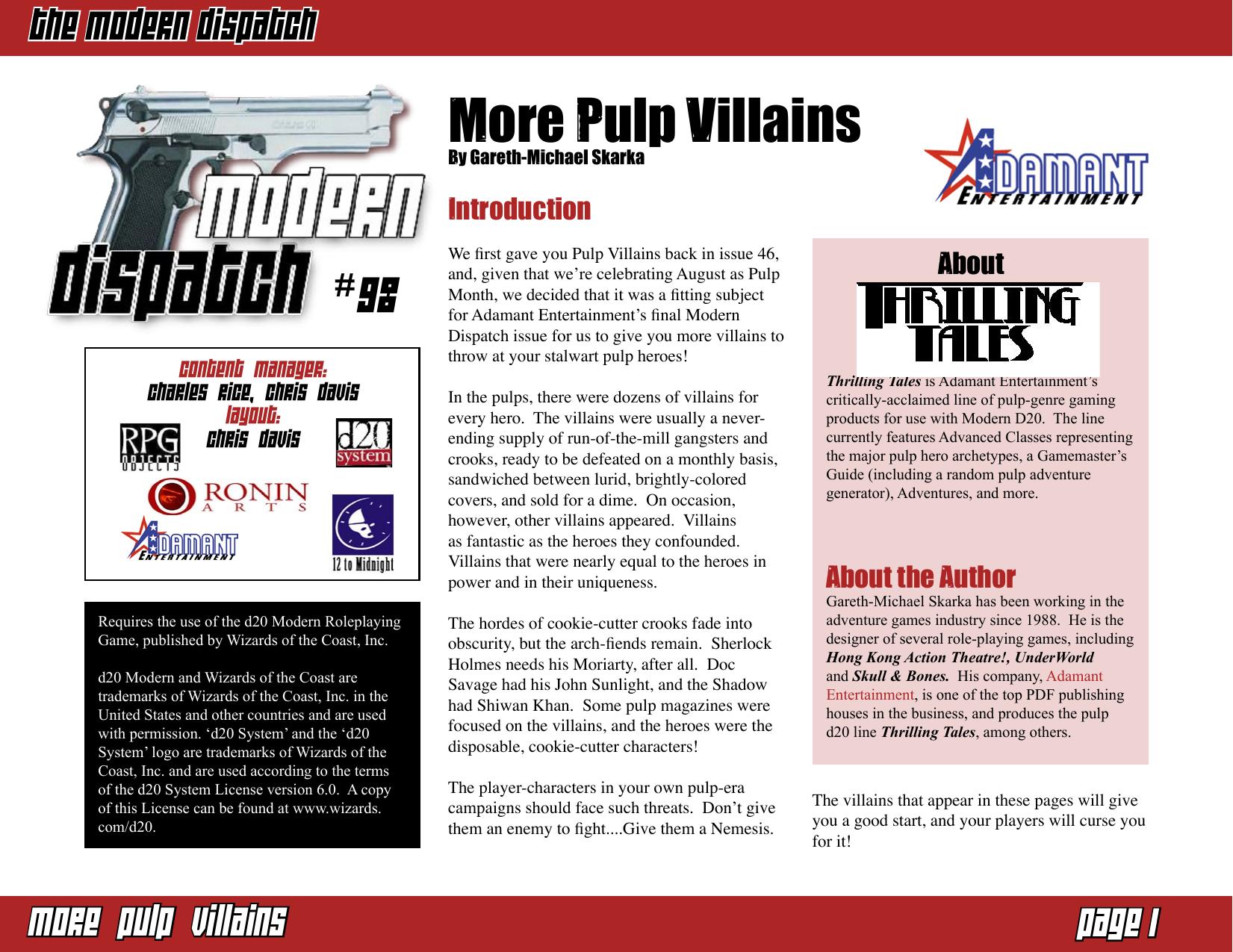 Modern Dispatch 98: More Pulp Villains by Adamant Entertainment
