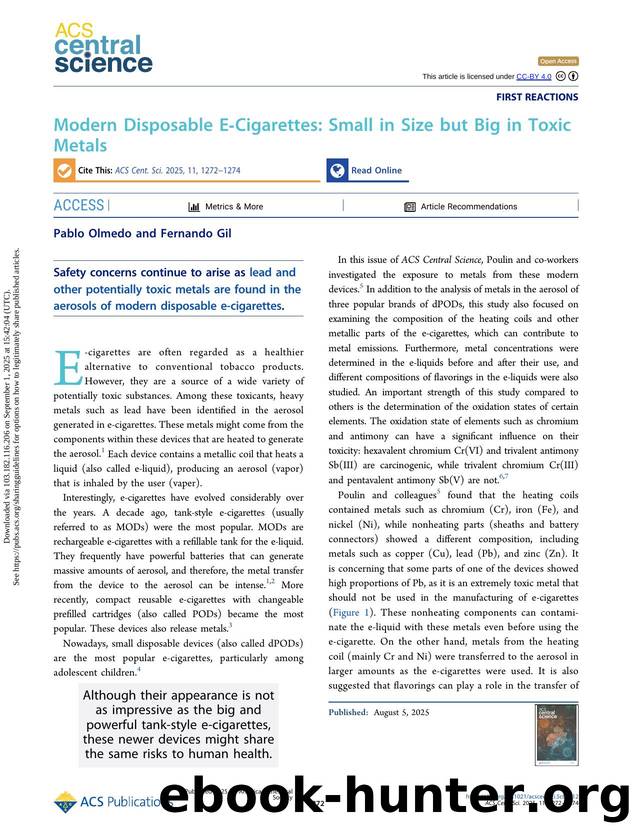 Modern Disposable E-Cigarettes: Small in Size but Big in Toxic Metals by Pablo Olmedo and Fernando Gil
