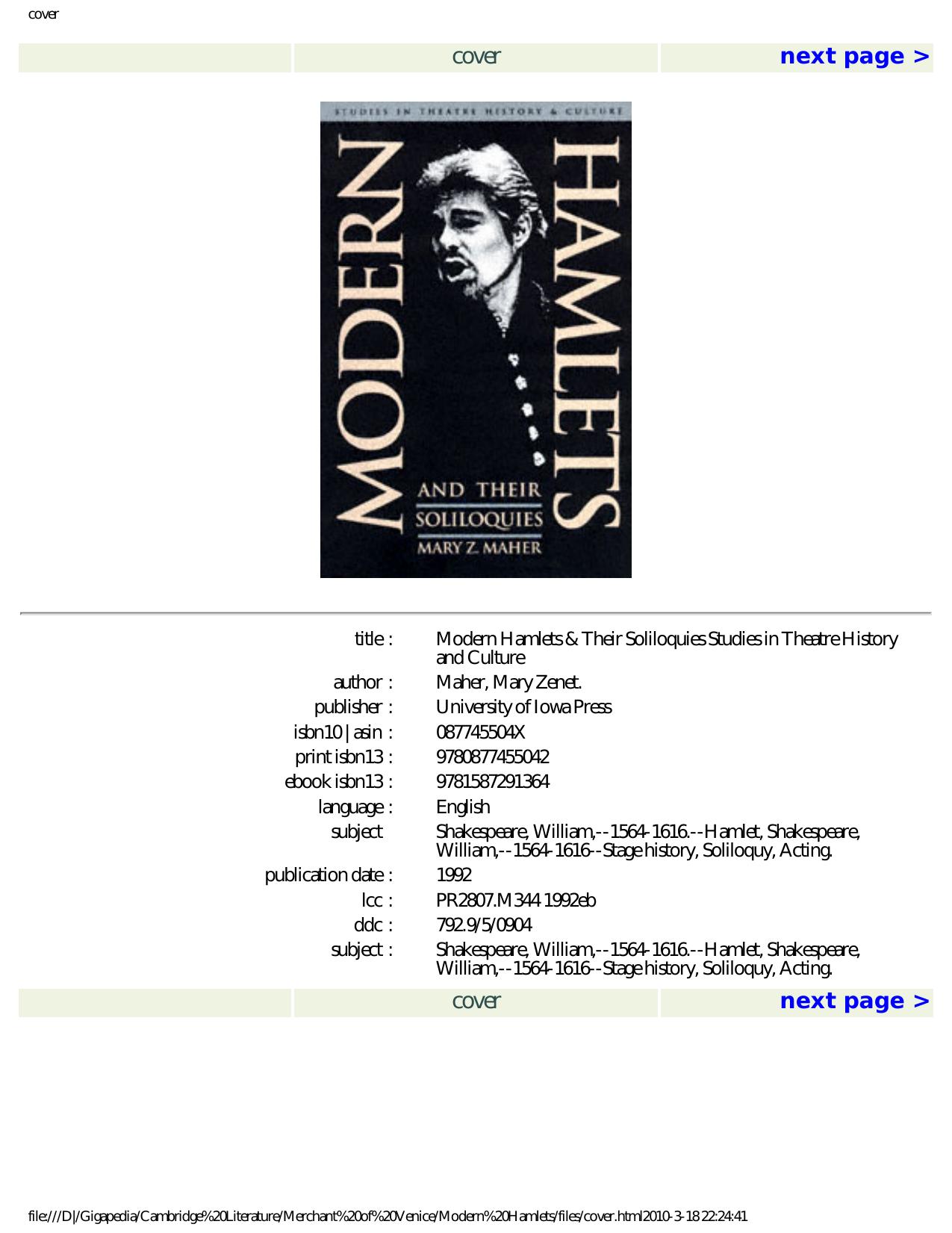 Modern Hamlets & Their Soliloquies (Studies in Theatre History and Culture) by Mary Z. Maher