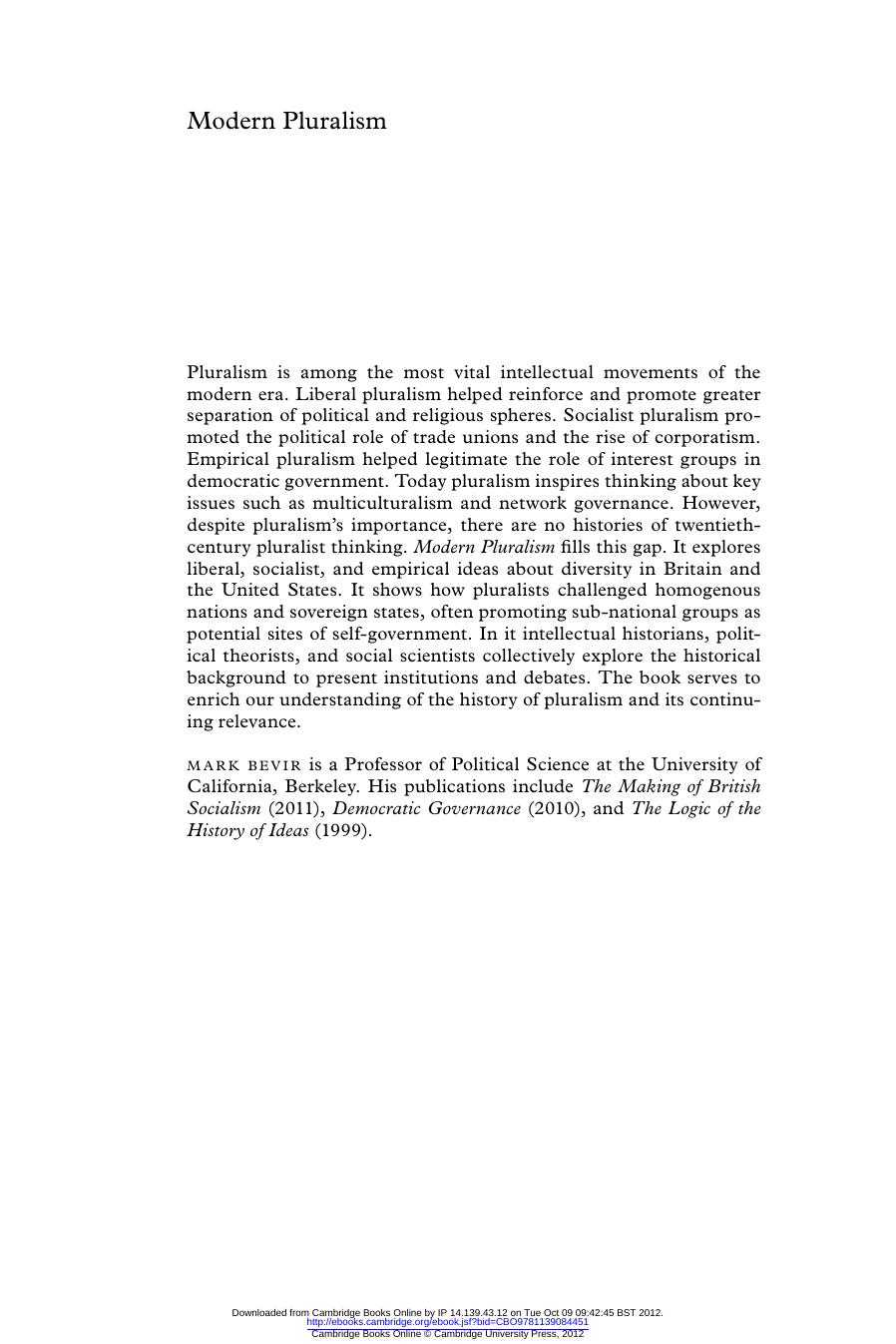 Modern Pluralism: Anglo-American Debates Since 1880 Hardcover by Mark Bevir