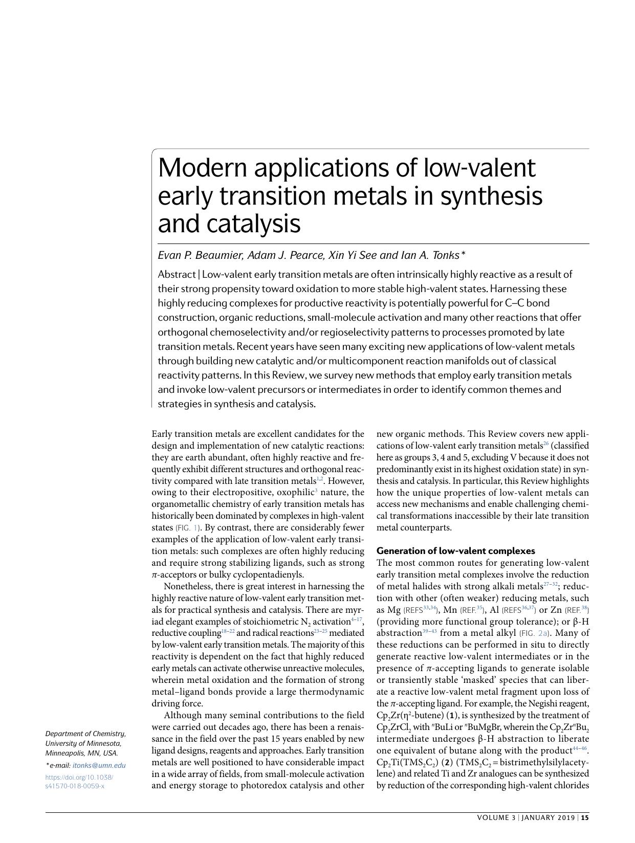 Modern applications of low-valent early transition metals in synthesis and catalysis by Evan P. Beaumier & Adam J. Pearce & Xin Yi See & Ian A. Tonks