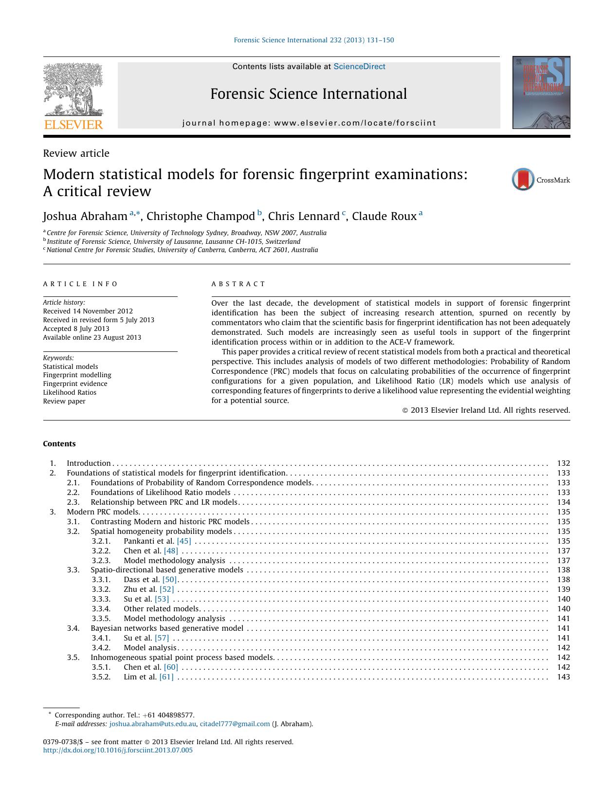Modern statistical models for forensic fingerprint examinations: A critical review by Joshua Abraham & Christophe Champod & Chris Lennard & Claude Roux