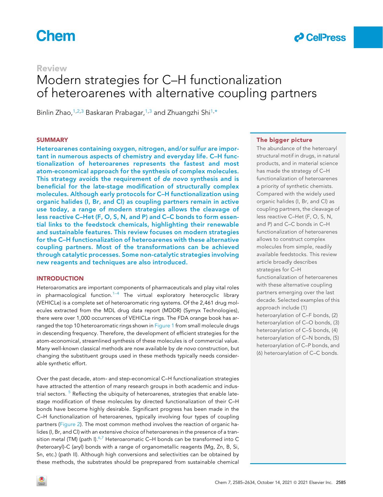 Modern strategies for C-H functionalization of heteroarenes with alternative coupling partners by Binlin Zhao & Baskaran Prabagar & Zhuangzhi Shi