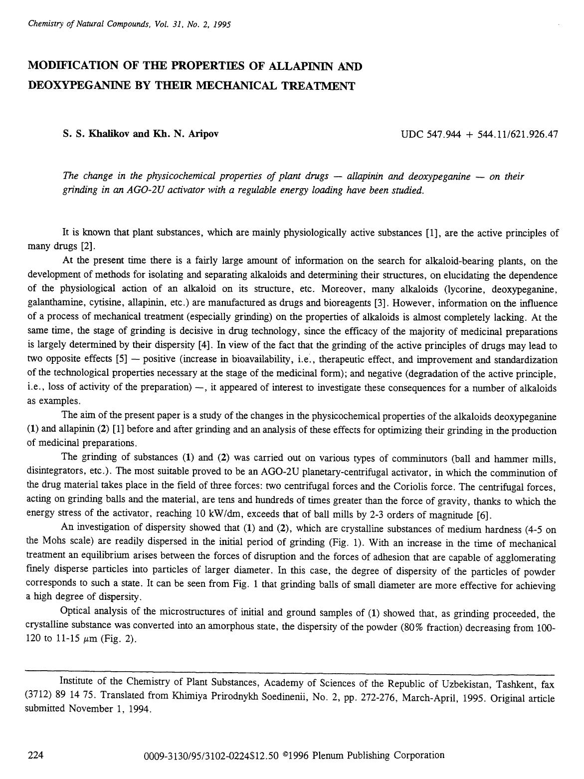 Modication of the properties of allapinin and deoxypeganine by their mechanical treatment by Unknown
