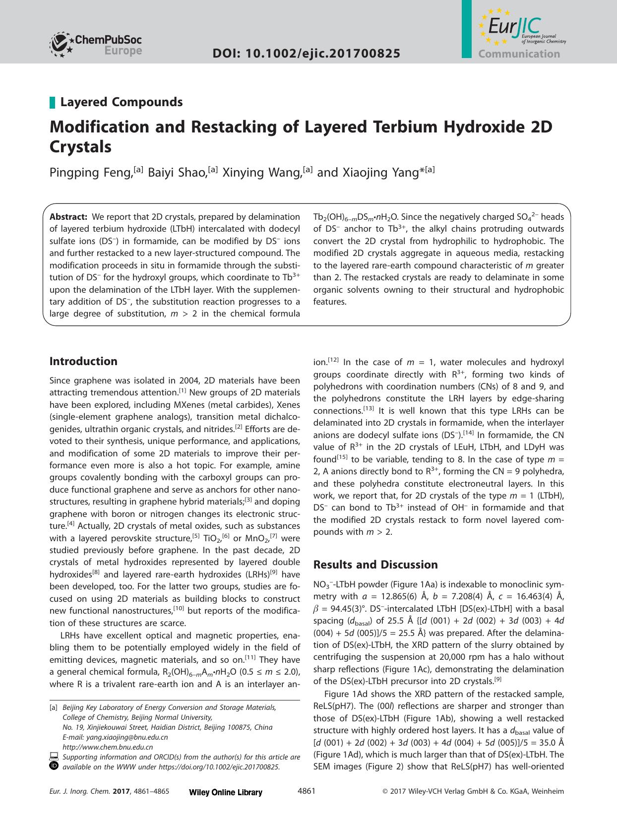 Modification and Restacking of Layered Terbium Hydroxide 2D Crystals by Unknown
