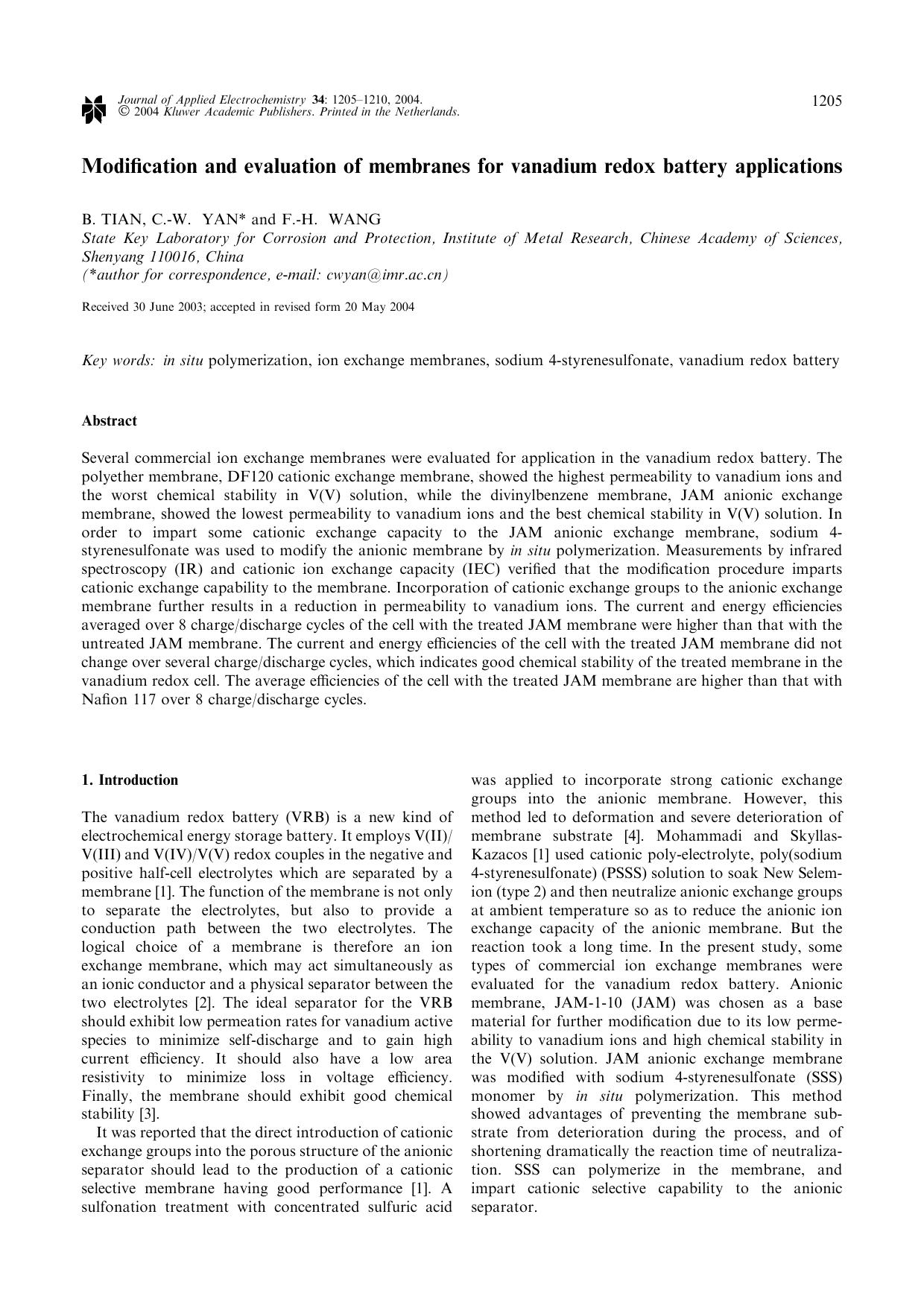 Modification and evaluation of membranes for vanadium redox battery applications by Unknown