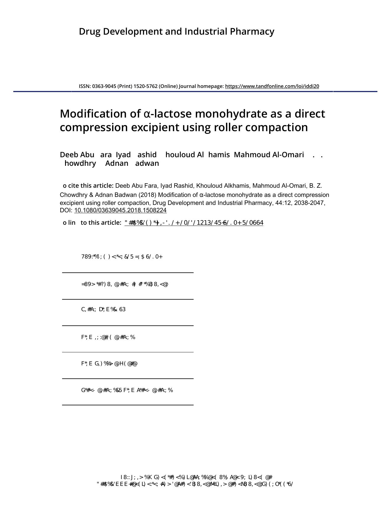 Modification of Î±-lactose monohydrate as a direct compression excipient using roller compaction by Abu Fara Deeb & Rashid Iyad & Alkhamis Khouloud & Al-Omari Mahmoud & Chowdhry B. Z. & Badwan Adnan