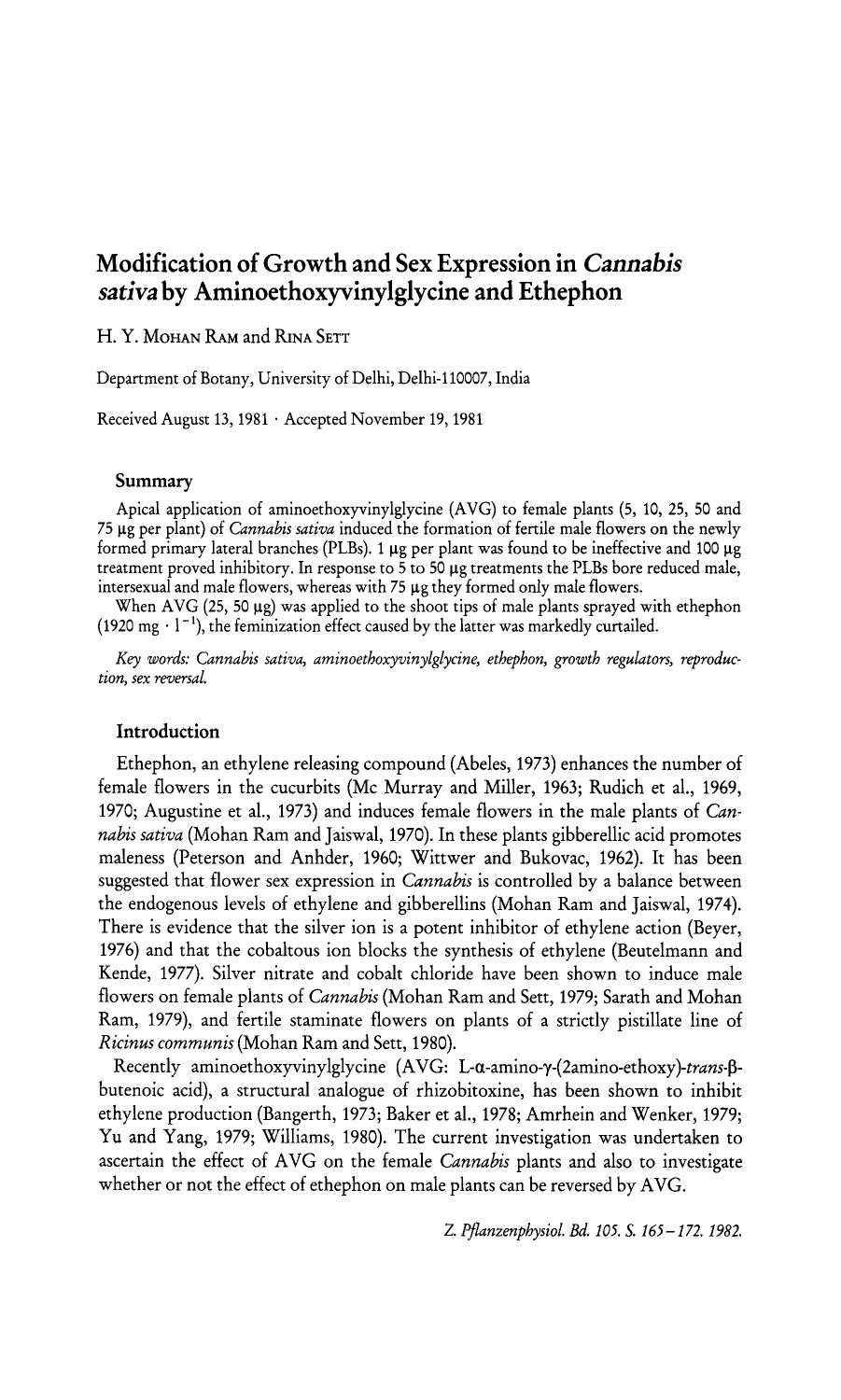 Modification of Growth and Sex Expression in Cannabis sativa by Aminoethoxyvinylglycine and Ethephon by H.Y. Mohan Ram & Rina Sett