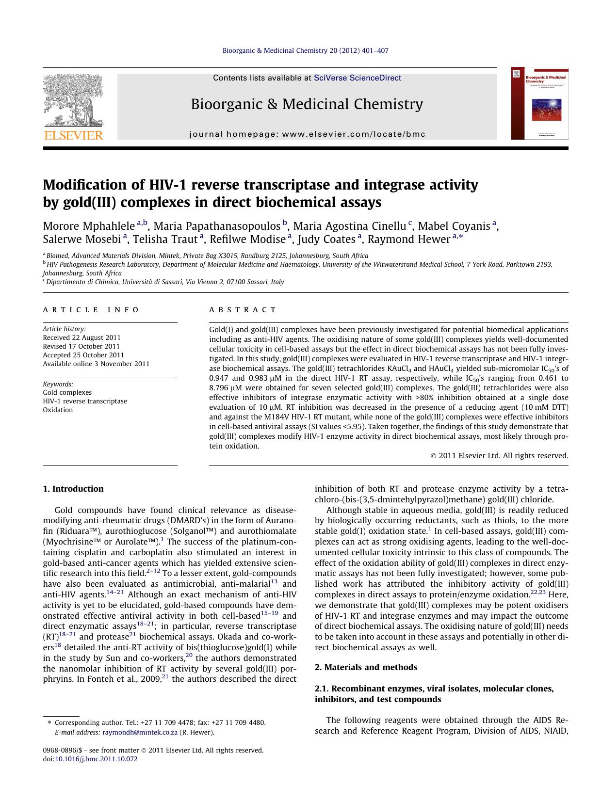 Modification of HIV-1 reverse transcriptase and integrase activity by gold(III) complexes in direct biochemical assays by unknow