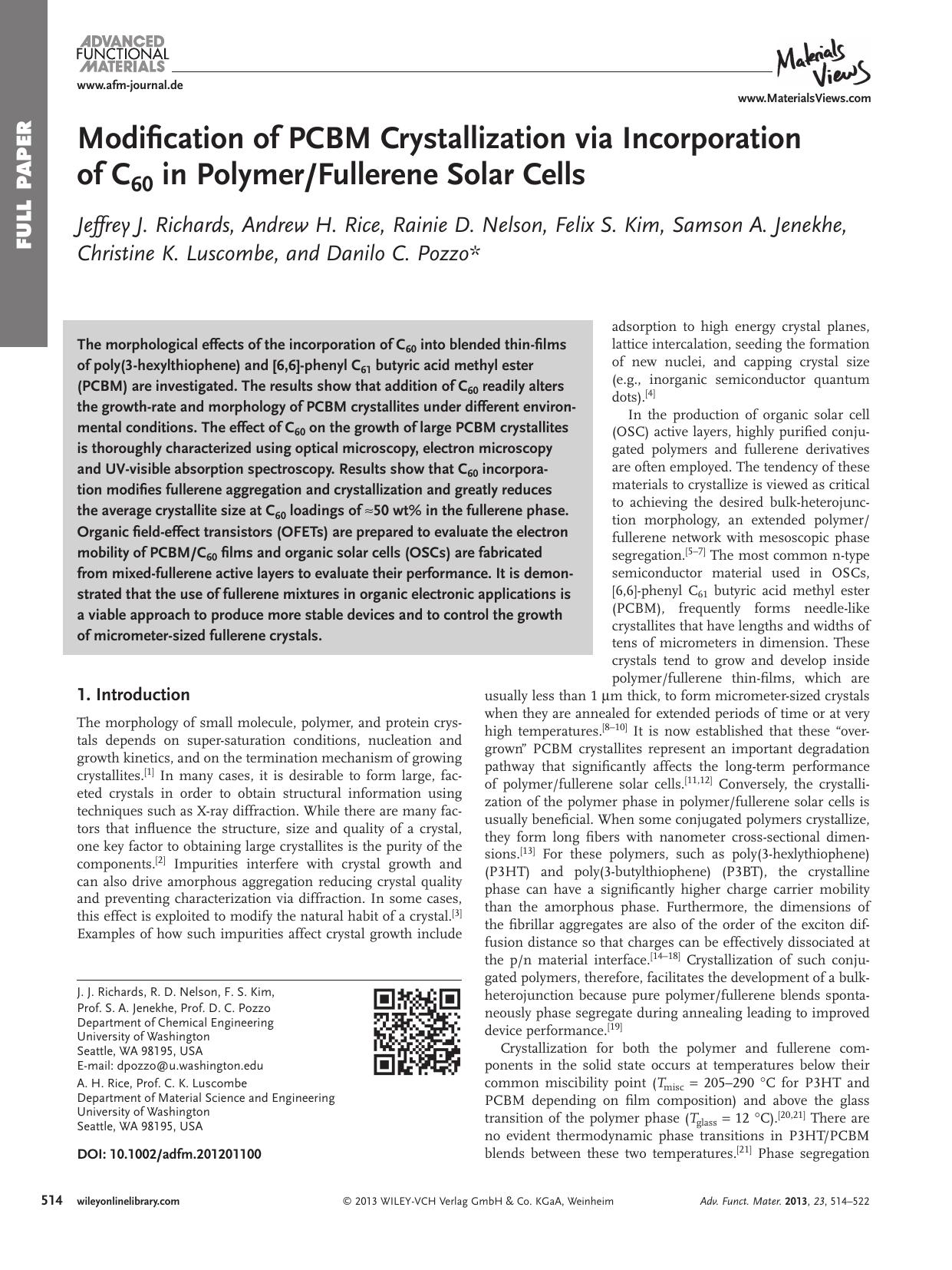 Modification of PCBM Crystallization via Incorporation of C60 in PolymerFullerene Solar Cells by vng