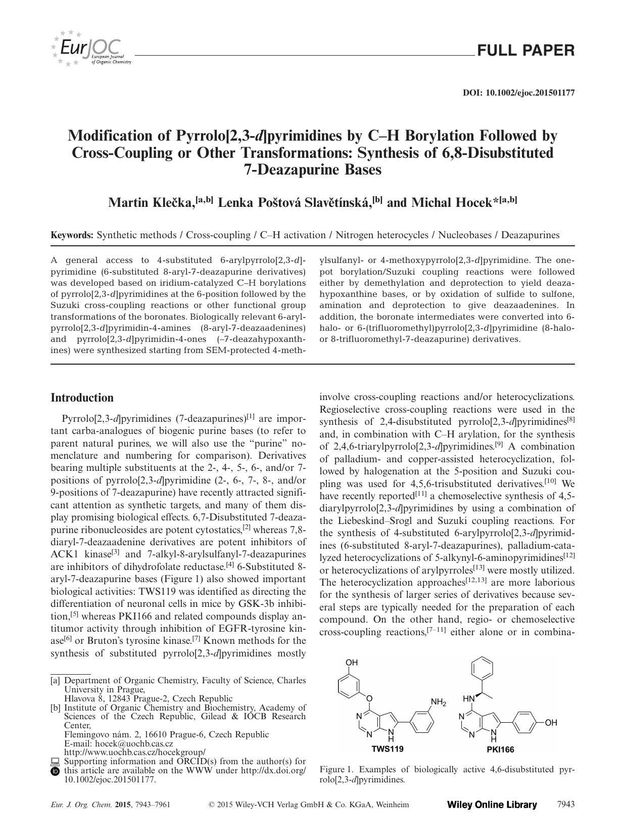 Modification of Pyrrolo[2,3d]pyrimidines by CH Borylation Followed by CrossCoupling or Other Transformations: Synthesis of 6,8Disubstituted 7Deazapurine Bases by Unknown
