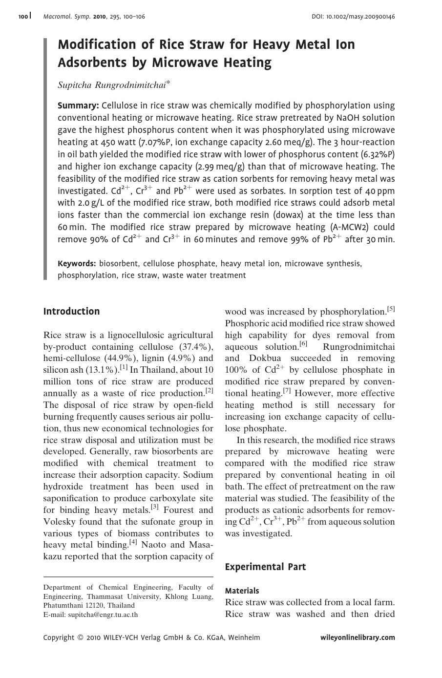 Modification of Rice Straw for Heavy Metal Ion Adsorbents by Microwave Heating by Unknown