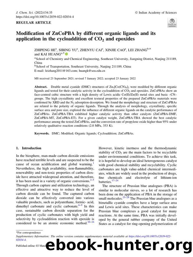 Modification of ZnCoPBA by different organic ligands and its application in the cycloaddition of CO2 and epoxides by Zhipeng He & Sibing Yu & Zhenyu Cai & Xinjie Cao & Lei Zhang & Kai Huang