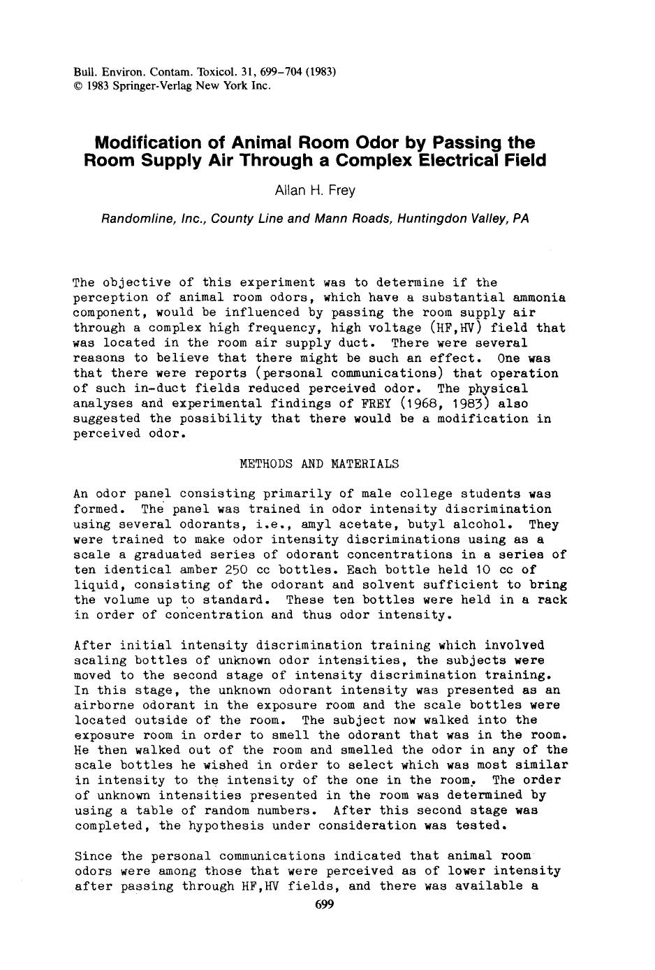 Modification of animal room odor by passing the room supply air through a complex electrical field by Unknown