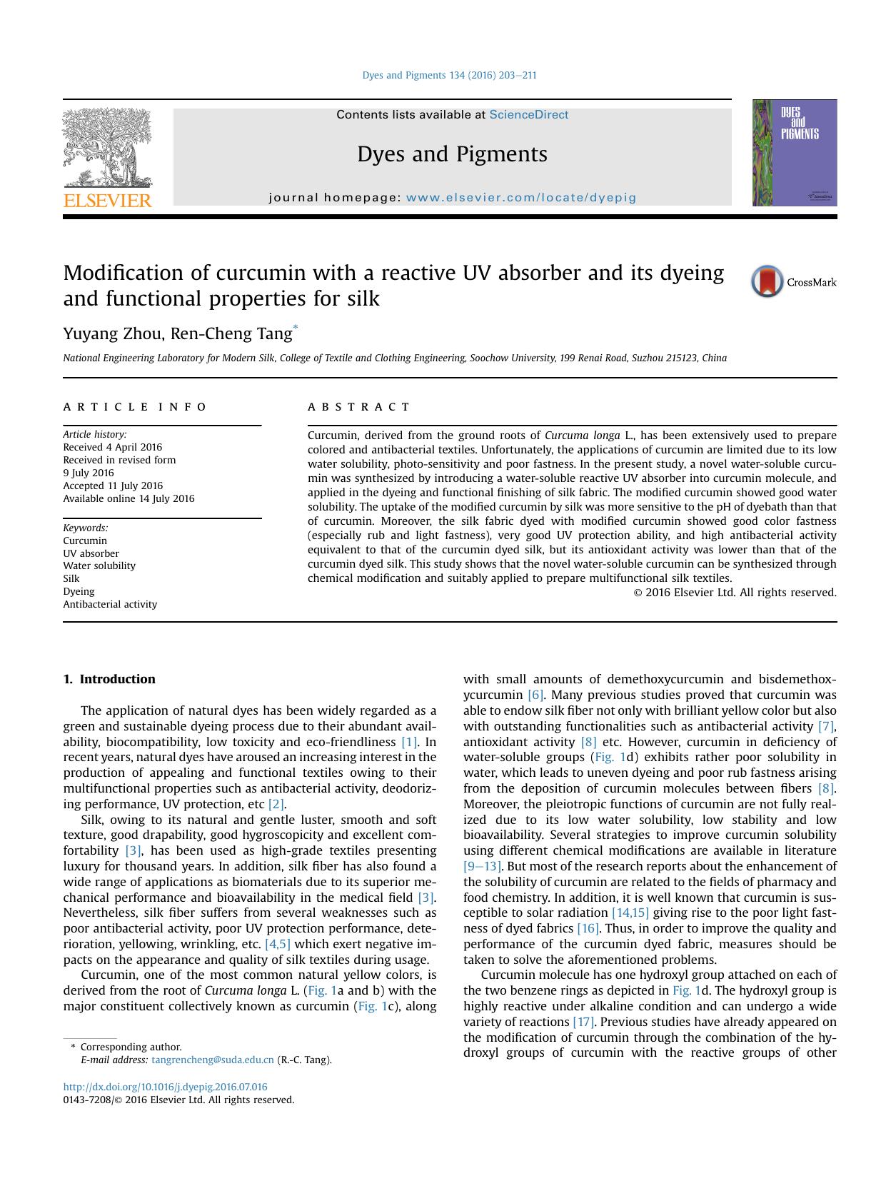 Modification of curcumin with a reactive UV absorber and its dyeing and functional properties for silk by Yuyang Zhou & Ren-Cheng Tang