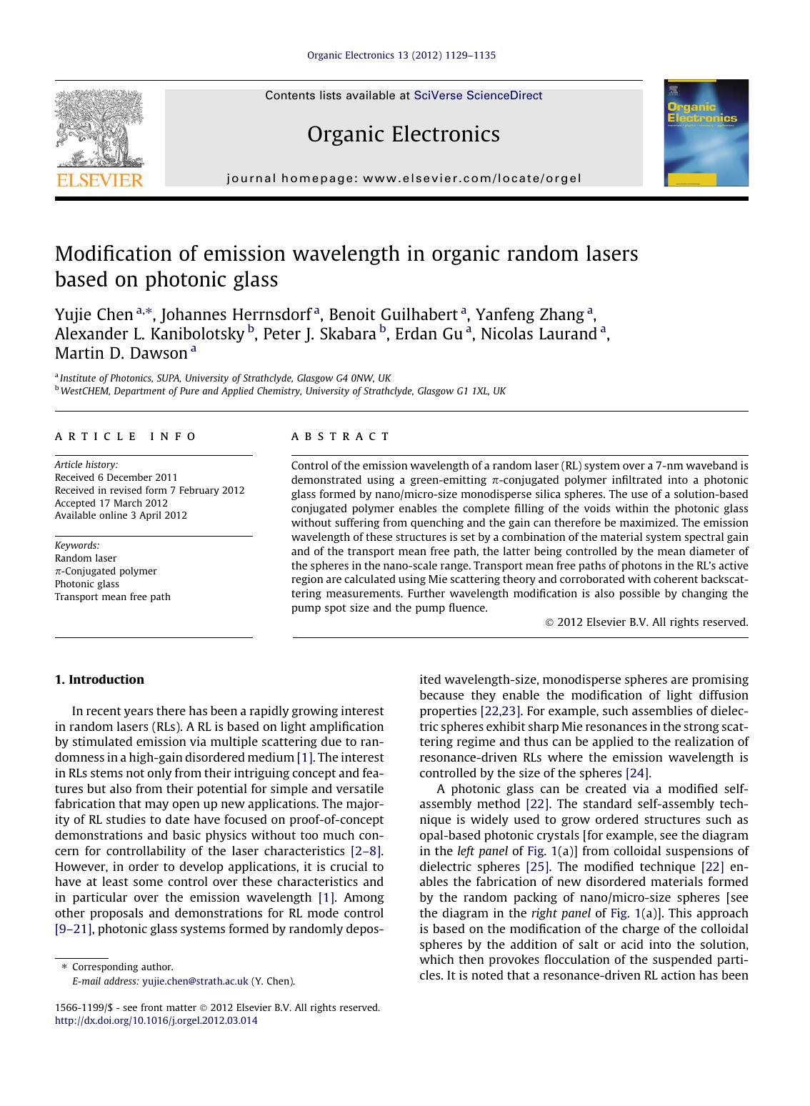Modification of emission wavelength in organic random lasers based on photonic glass by unknow
