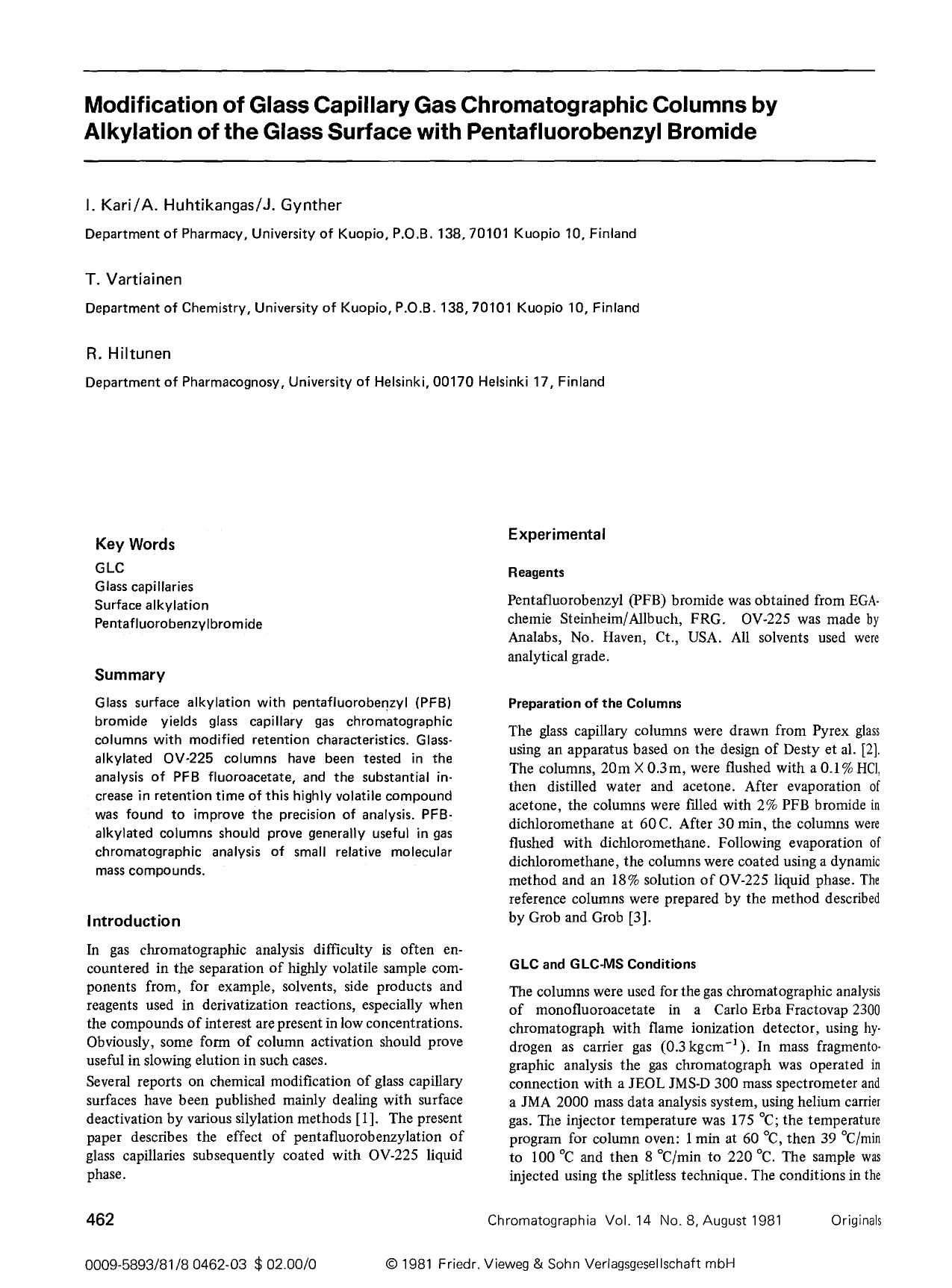 Modification of glass capillary gas chromatographic columns by alkylation of the glass surface with pentafluorobenzyl bromide by Unknown