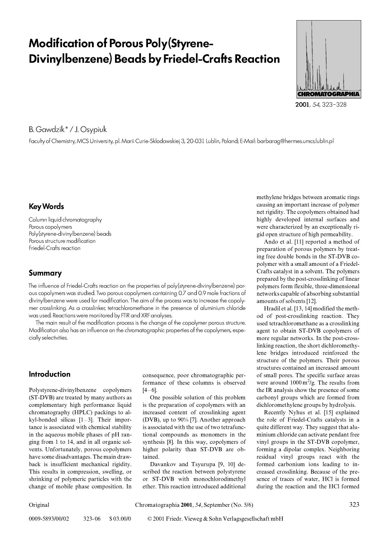 Modification of porous poly(styrene-divinylbenzene) beads by friedel-crafts reaction by Unknown