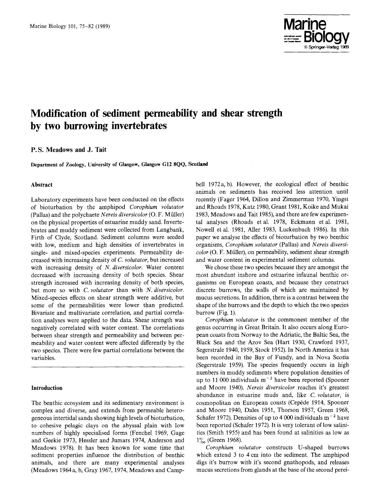 Modification of sediment permeability and shear strength by two burrowing invertebrates by Unknown